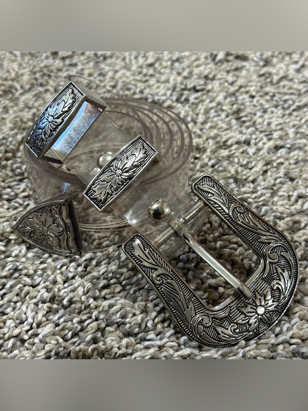 Vintage Western Clear PVC Belt Women M/L Silver Engraved Floral Buckle